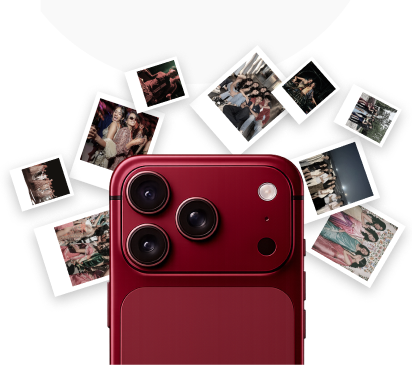 Red phone camera surrounded by printed celebration photos.